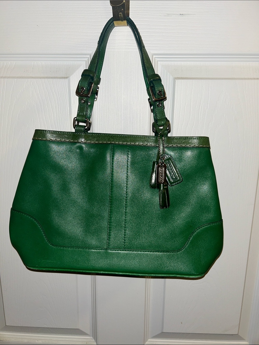 Coach Green Leather Shoulder Bag with Buckle Straps